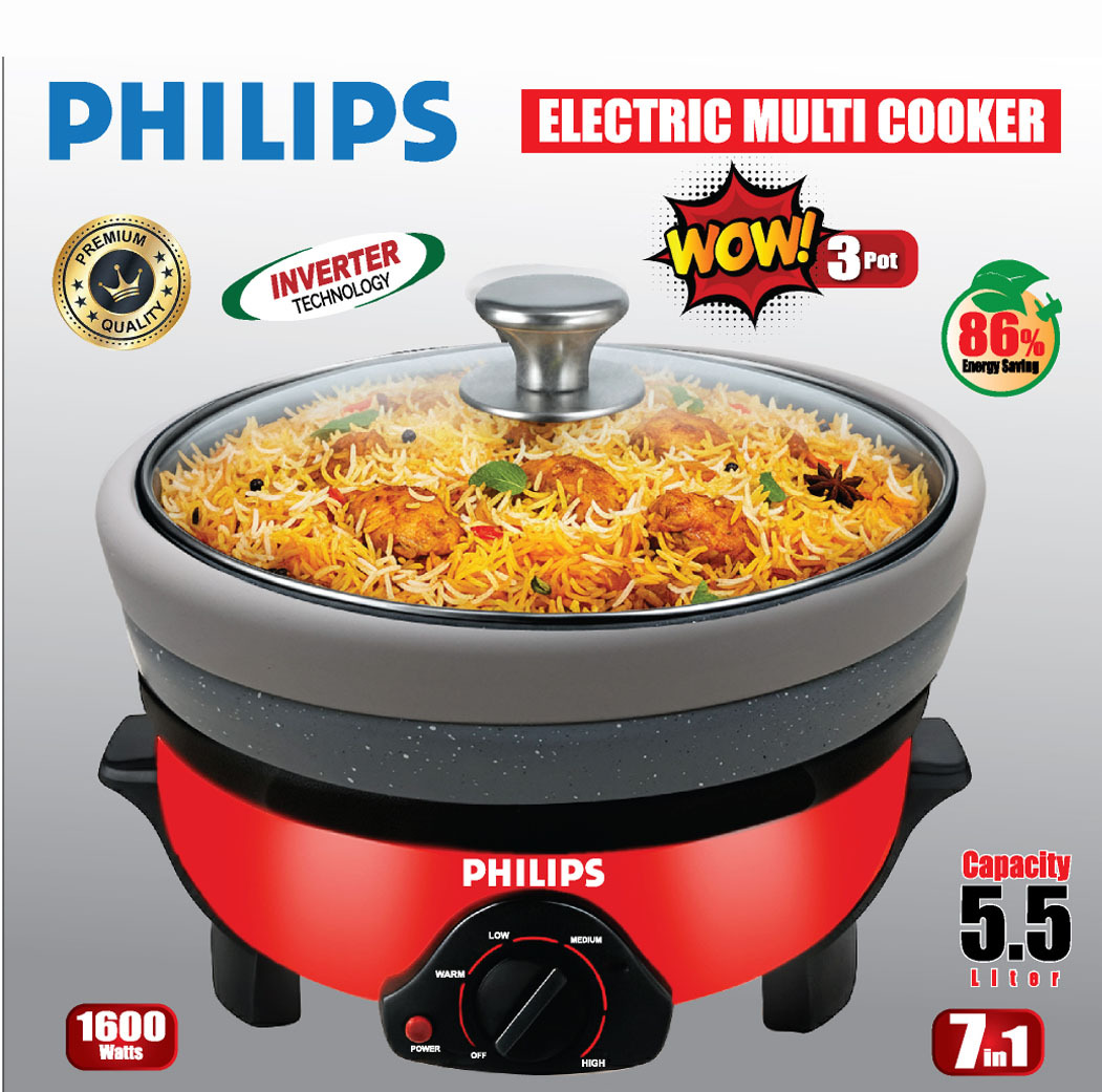 PHILIPS Electric Multi Curry Cooker 3 Pot Removable non-stick pan, Automatic cooking and warming system (5.5 LTR) 1500w