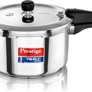 Prestige Triply Outer Lid Induction Compatible Pressure Cooker |Stainless Steel| Deep Lid Spillage Control | Even heat distribution- 6 Ltrs